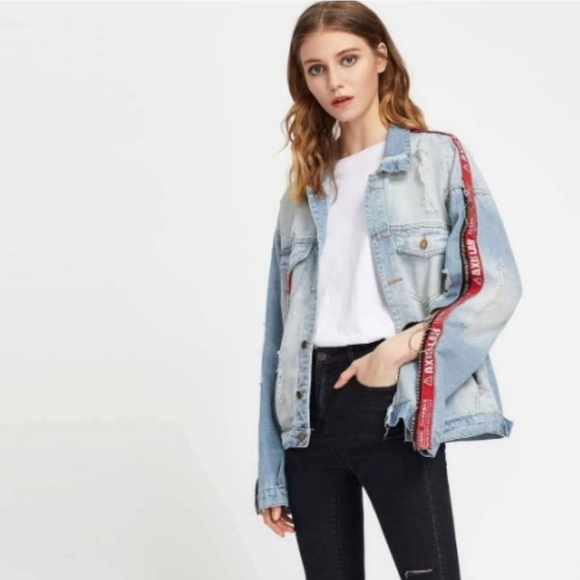 Se7en| Boyfriend Jeans Jacket Oversized Destroyed Zipper Color Gradient Cracks - Picture 2 of 13